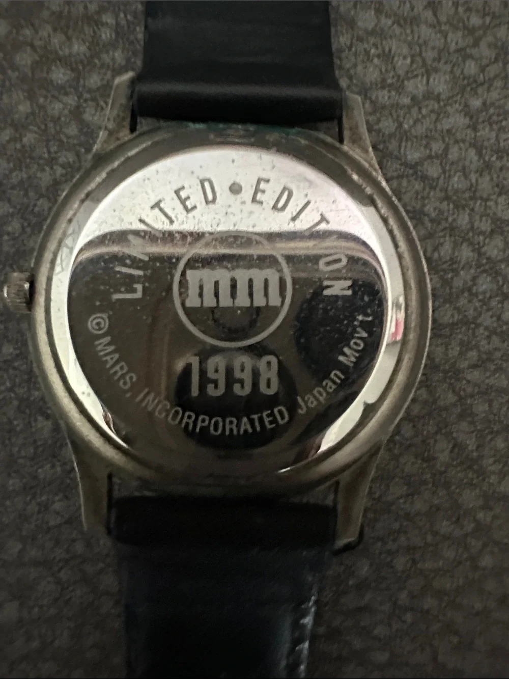 Mars M&M 1998 Limited Edition Black Leather Strap Novelty Watch Red Dial Accent